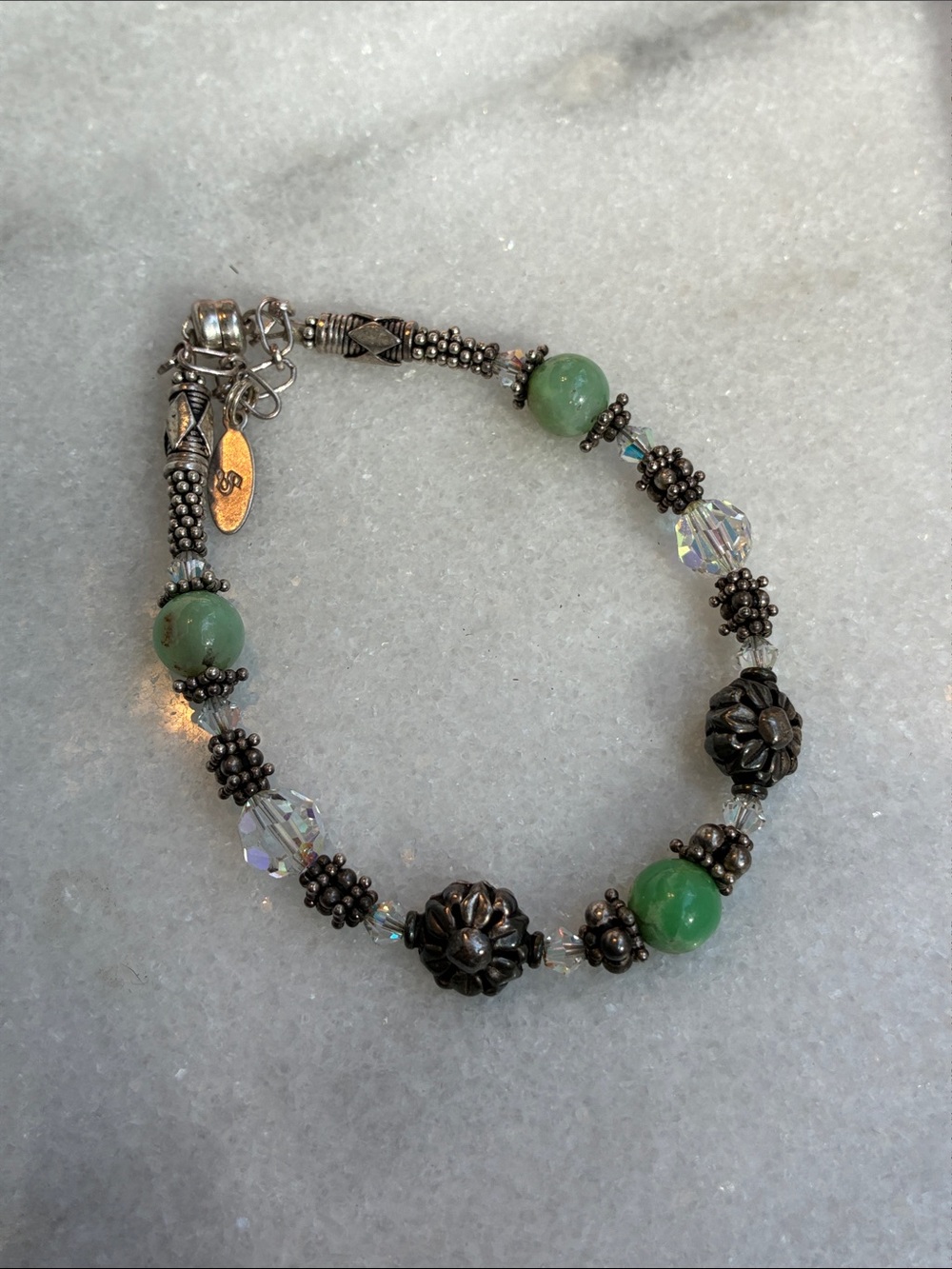 Green Bead Bracelet with Silver Accents